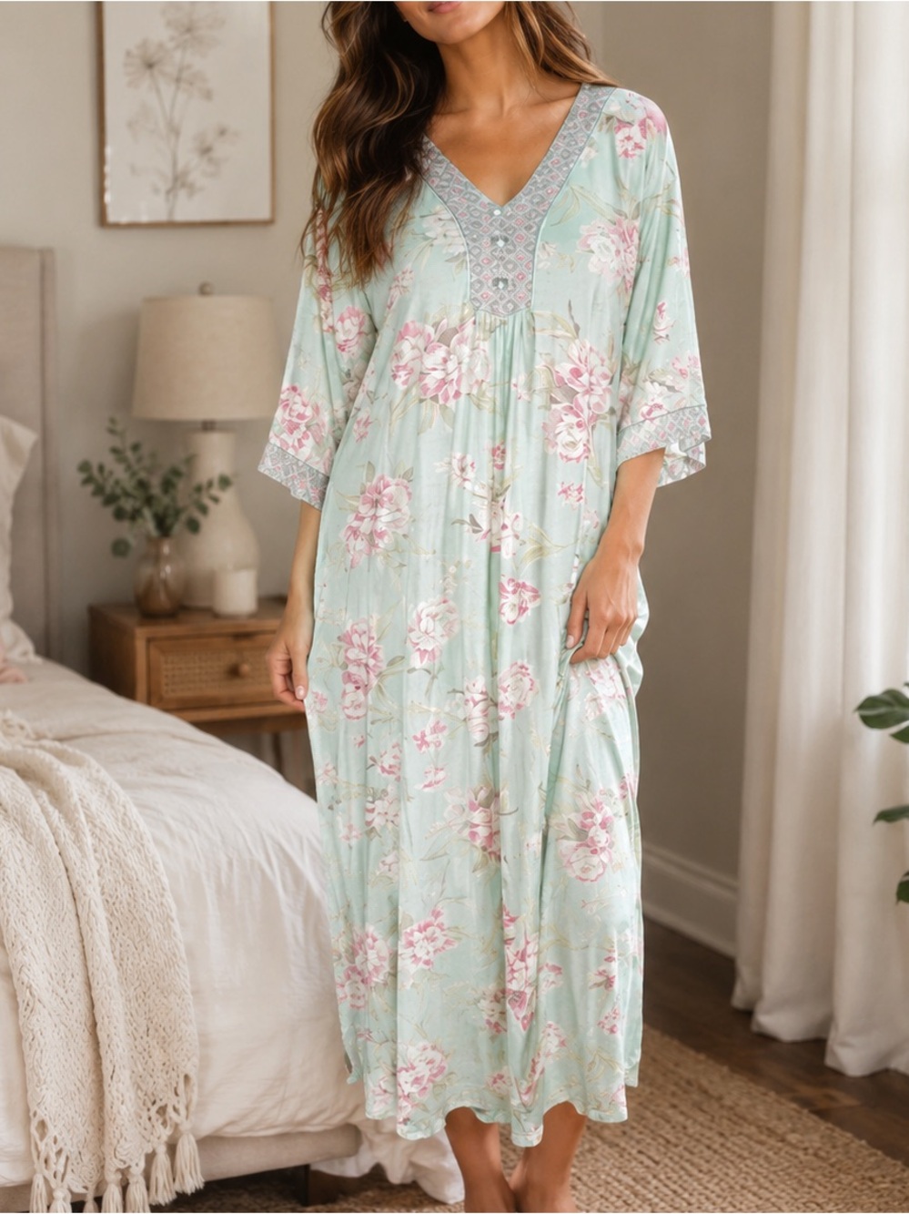 Miss Elaine Cottage Floral Soft Jersey Knit Kimono Kaftan Lounge Nightgown Sz XL